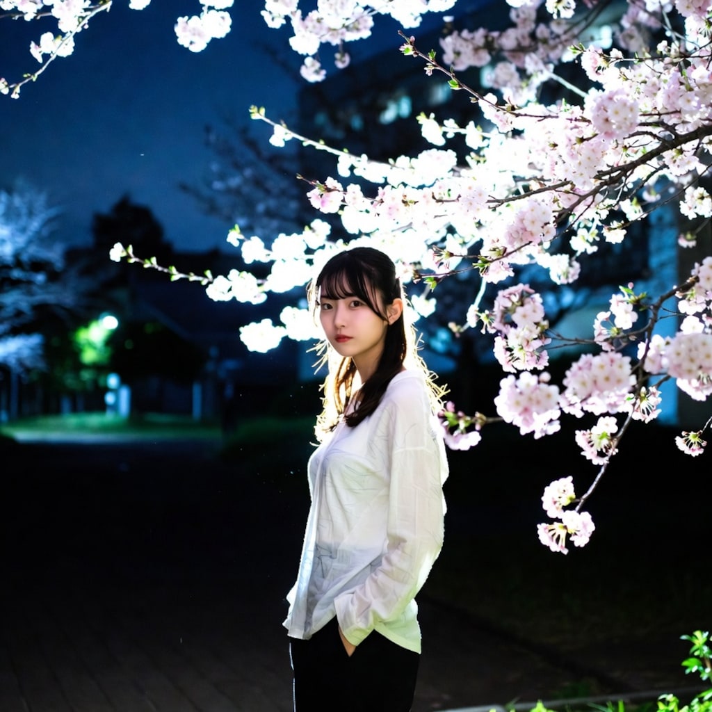 夜桜に溶ける白