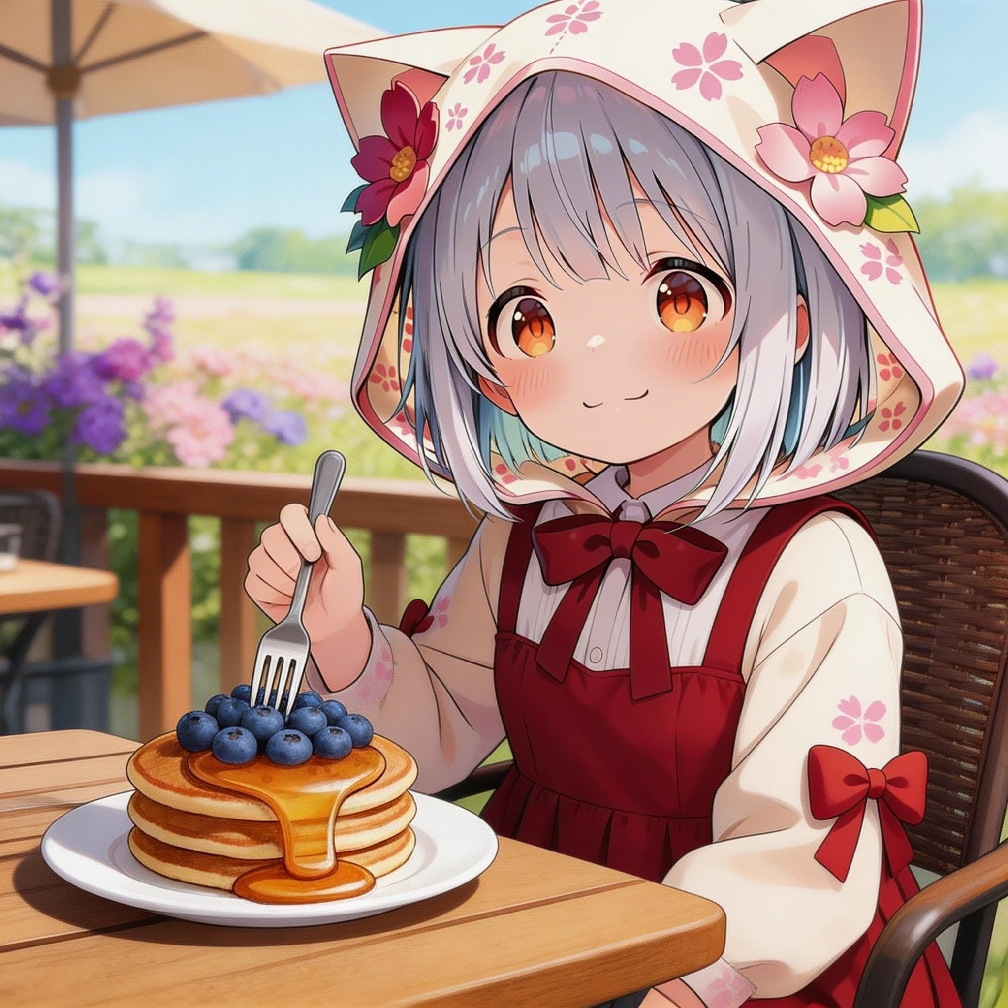 蜂蜜をかけたパンケーキ採れたてブルーベリーを乗せて | の人気AIイラスト・グラビア