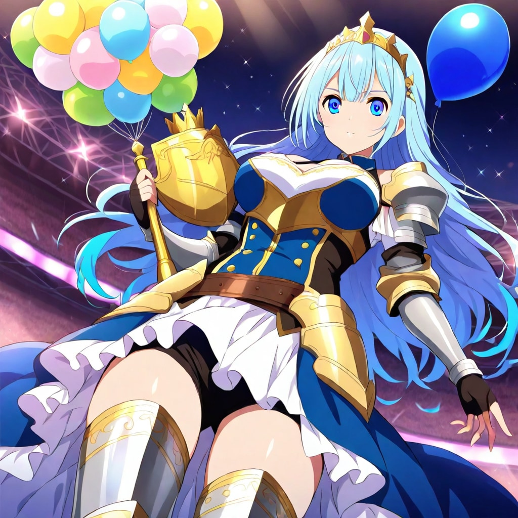 いっぱい風船を持つ青い髪ロングの美女騎士 | の人気AIイラスト・グラビア