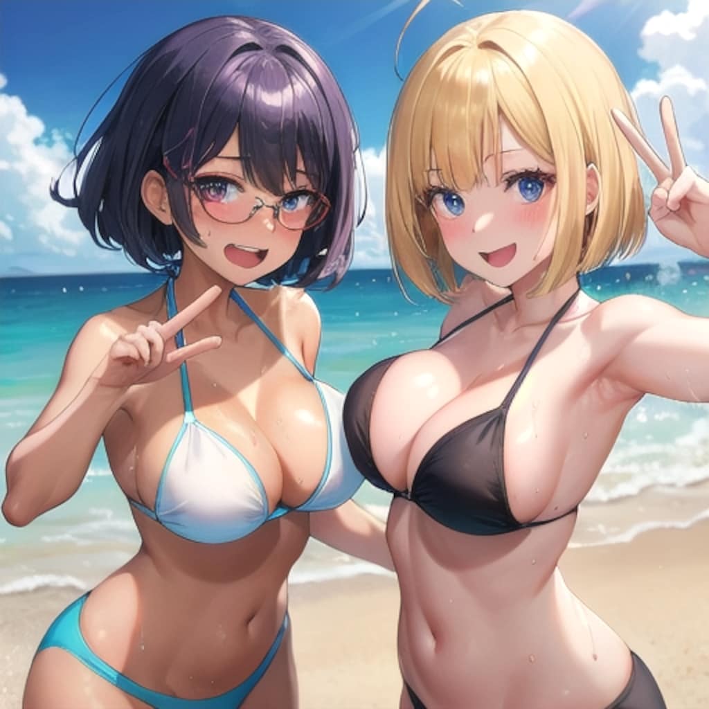 金髪ギャルと黒髪メガネ　海水浴編