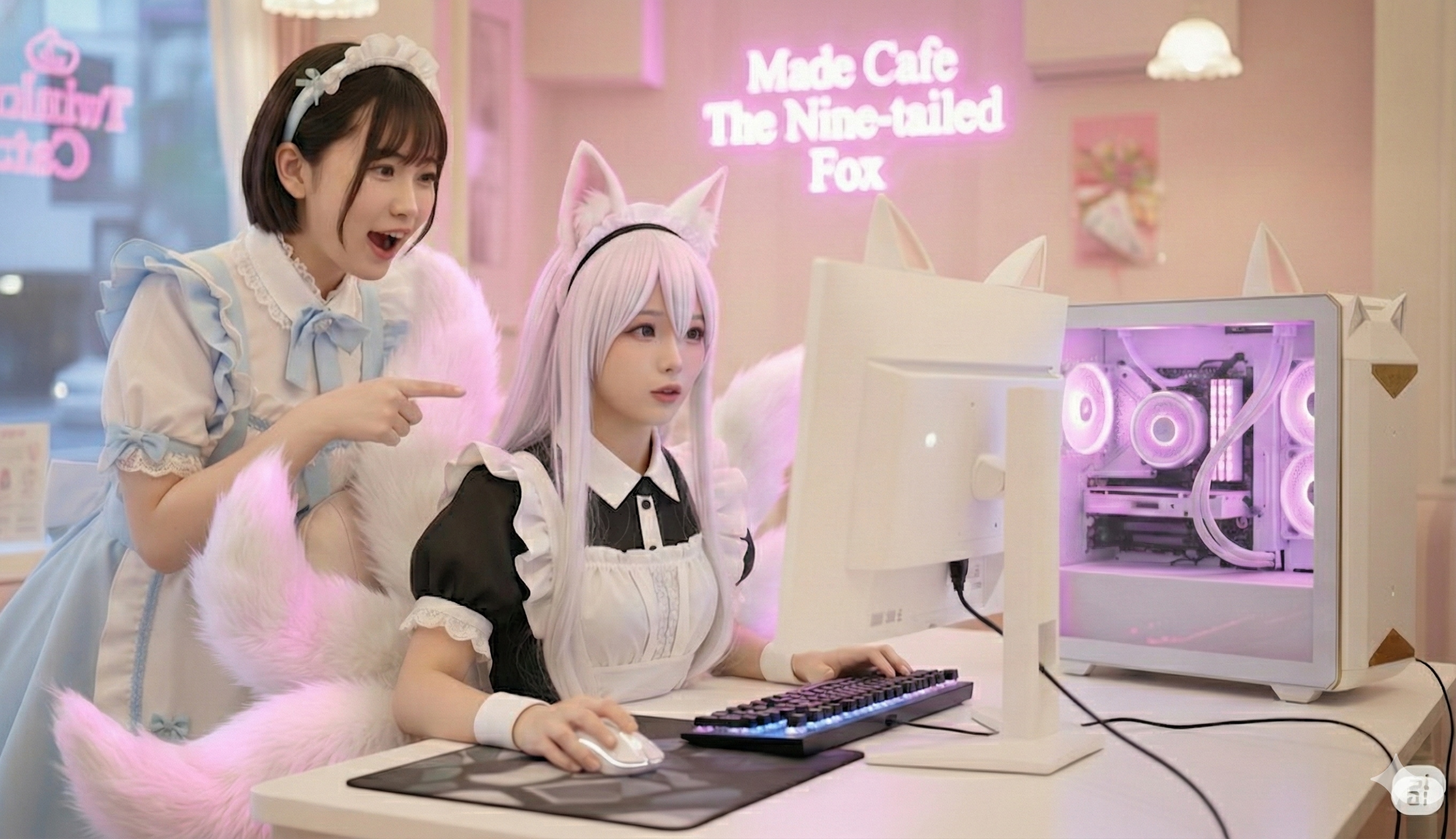 【九尾の久遠×看板娘】KUON PCで尊いツーショット | の人気AIイラスト・グラビア