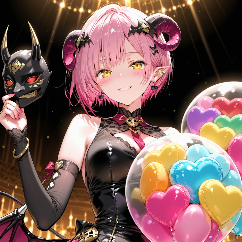 色とりどりの風船を持つピンク髪ショートカットの鬼の面持った美女 | の人気AIイラスト・グラビア