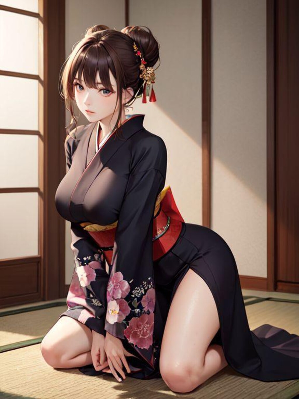 椿の柄と生足と