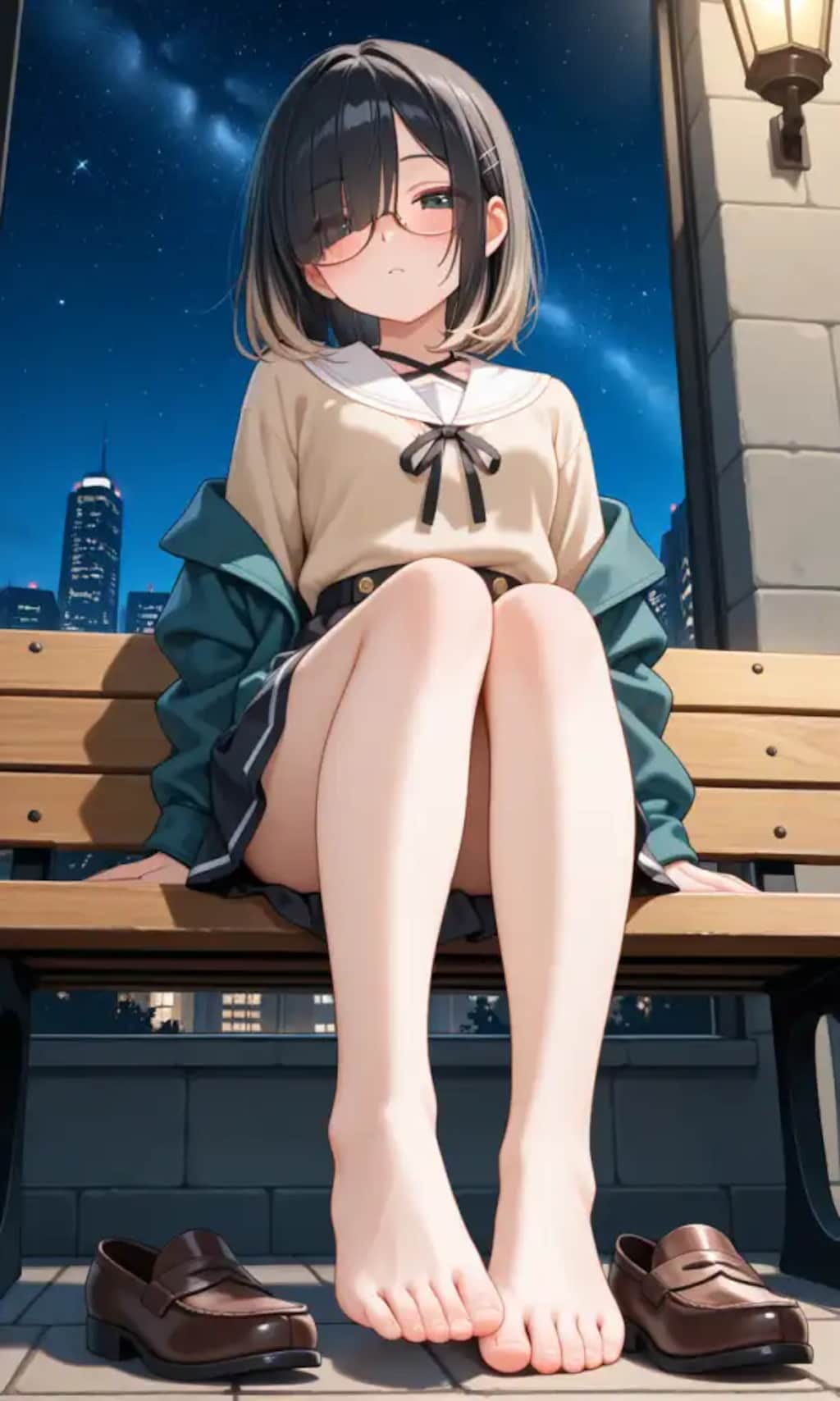 夜のベンチで裸足に