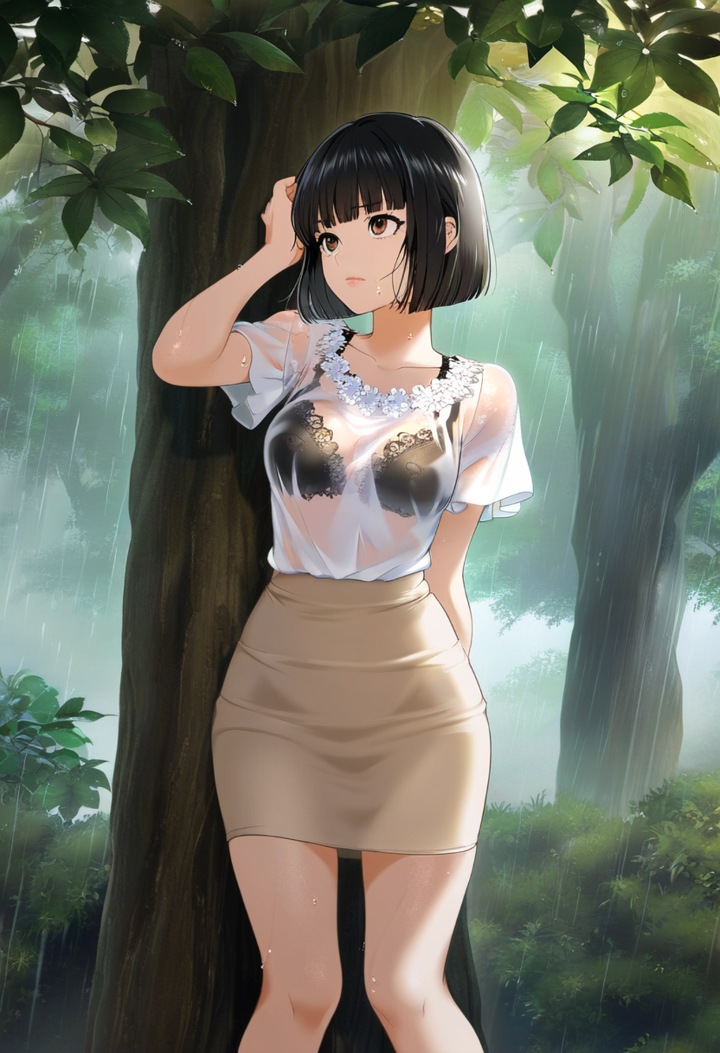 雨宿りする濡れ濡れ奥さん（雨宿り２）