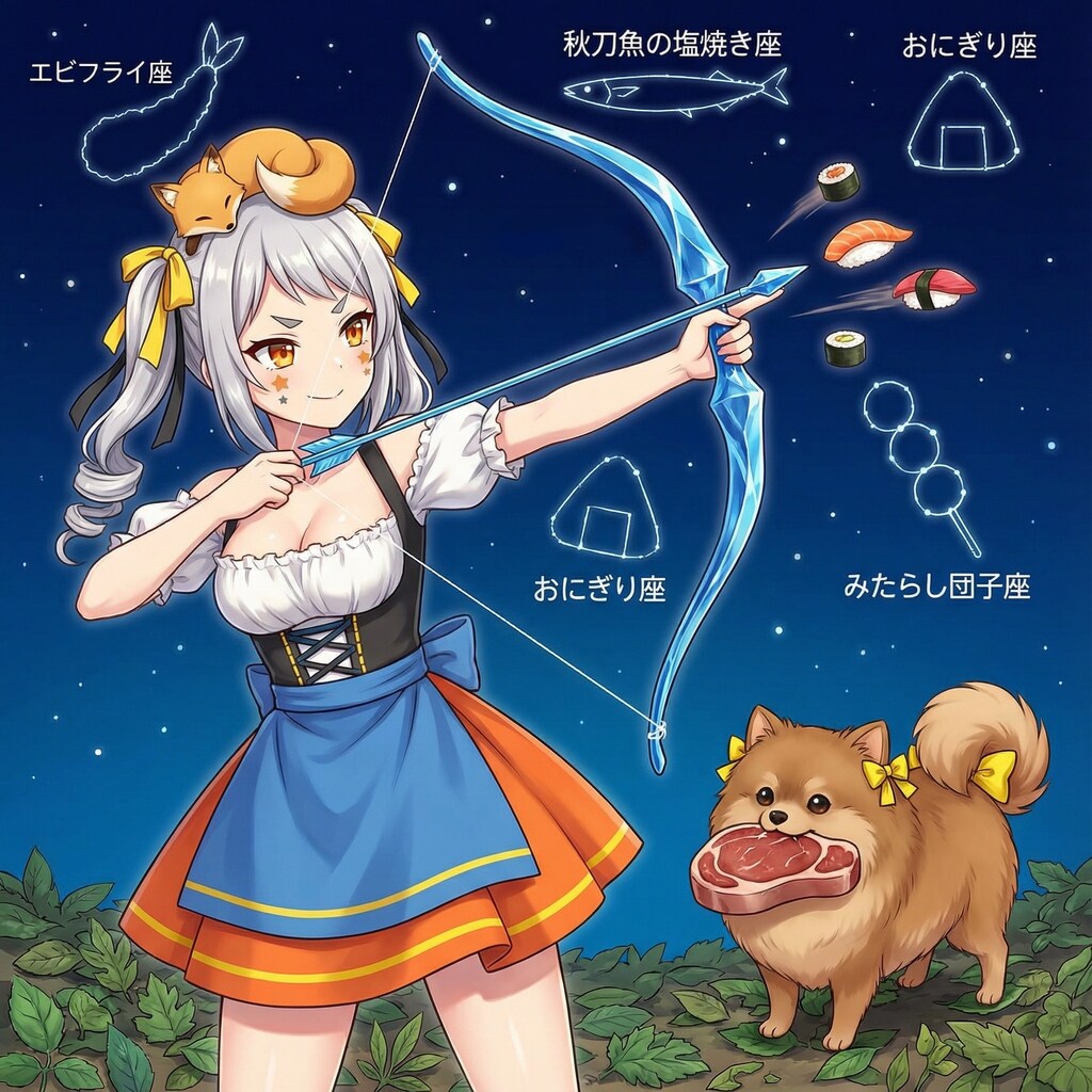寿司が無限に発射できる魔法の弓で夜ごはんの星座を狙うツインテールの少女と厚切りステーキ座を仕留めた友達のポメラニアン