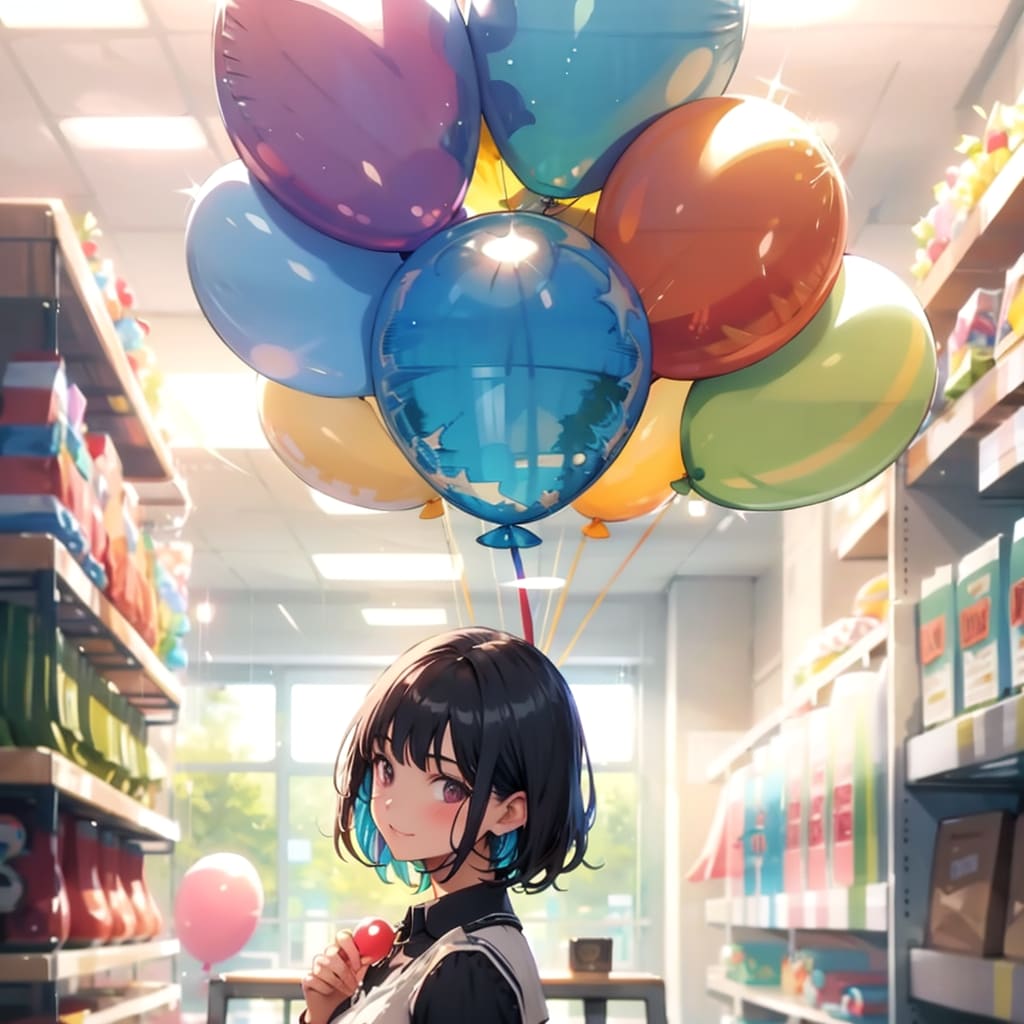 色とりどりの風船を持つ黒髪ショートカットの美女店員さん。