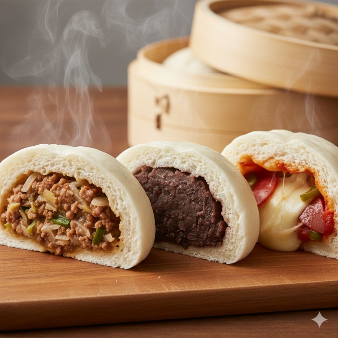 【誘惑の深夜】蒸したての肉まん、あんまん、ピザまんの断面 | の人気AIイラスト・グラビア