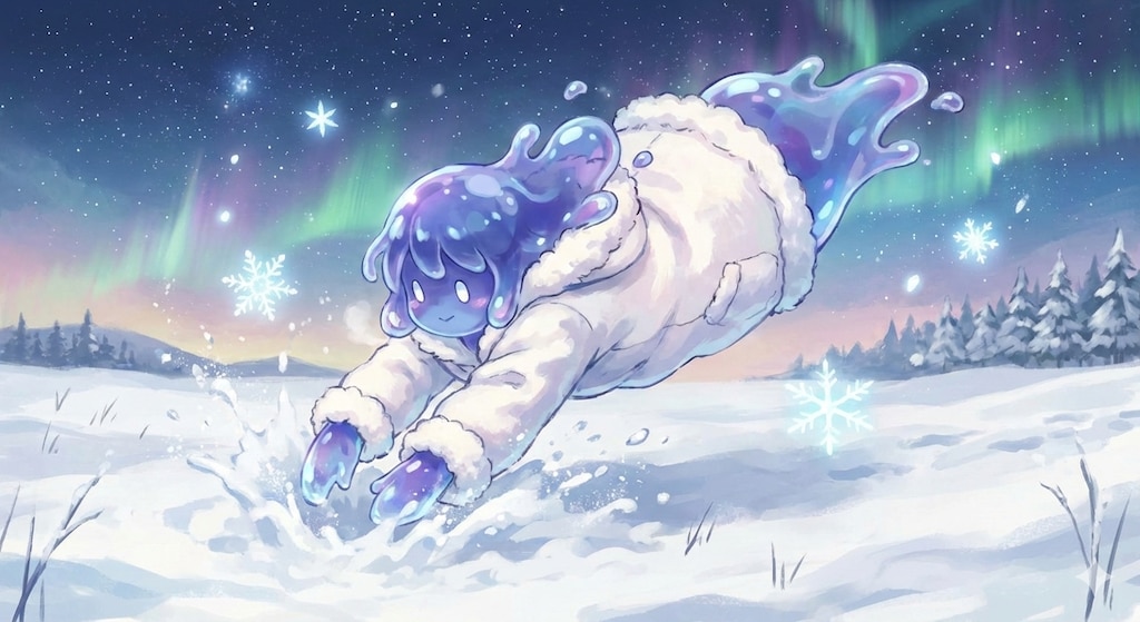 かなりの勢いで雪に飛び込むスライムちゃん