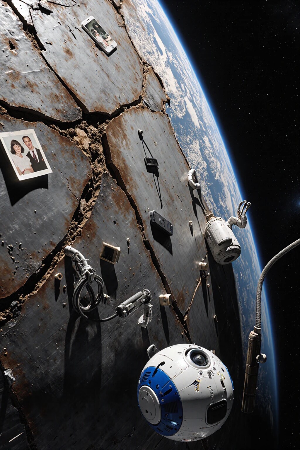 宇宙ステーションの残骸と漂う整備ロボット