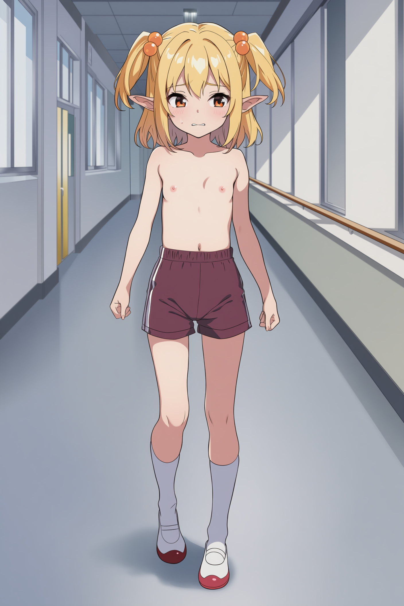 廊下で上半身裸のエルフさん