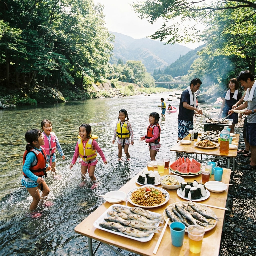 夏の川辺でバーベキュー？
