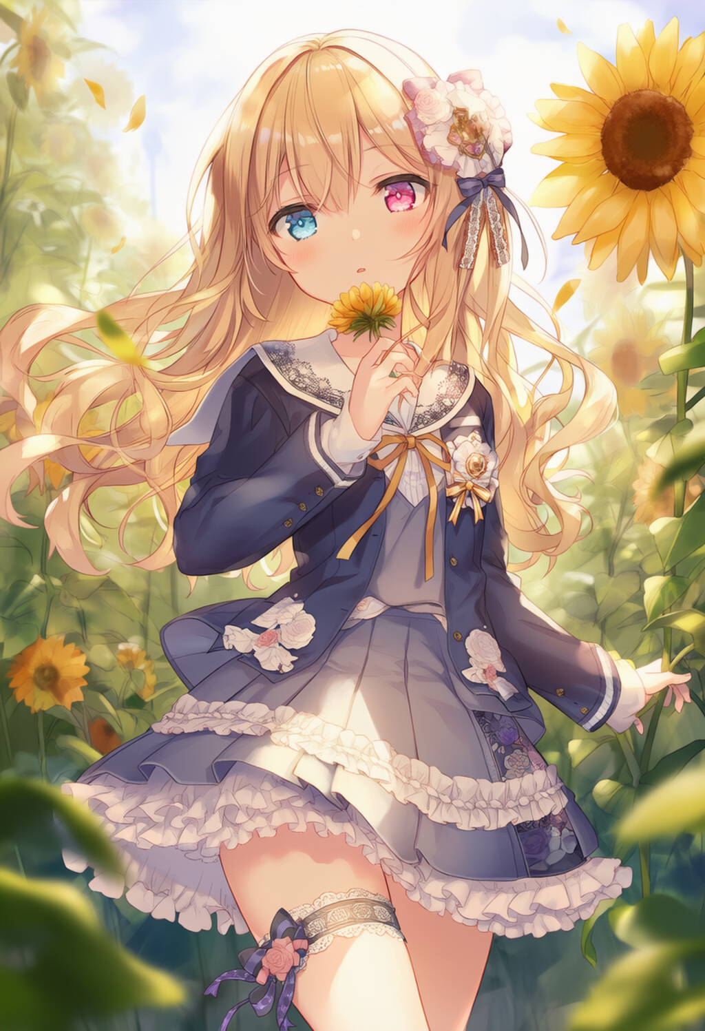 A whimsical schoolgirl in a frilly, floral sailor-collared outfit walks among flowers.
