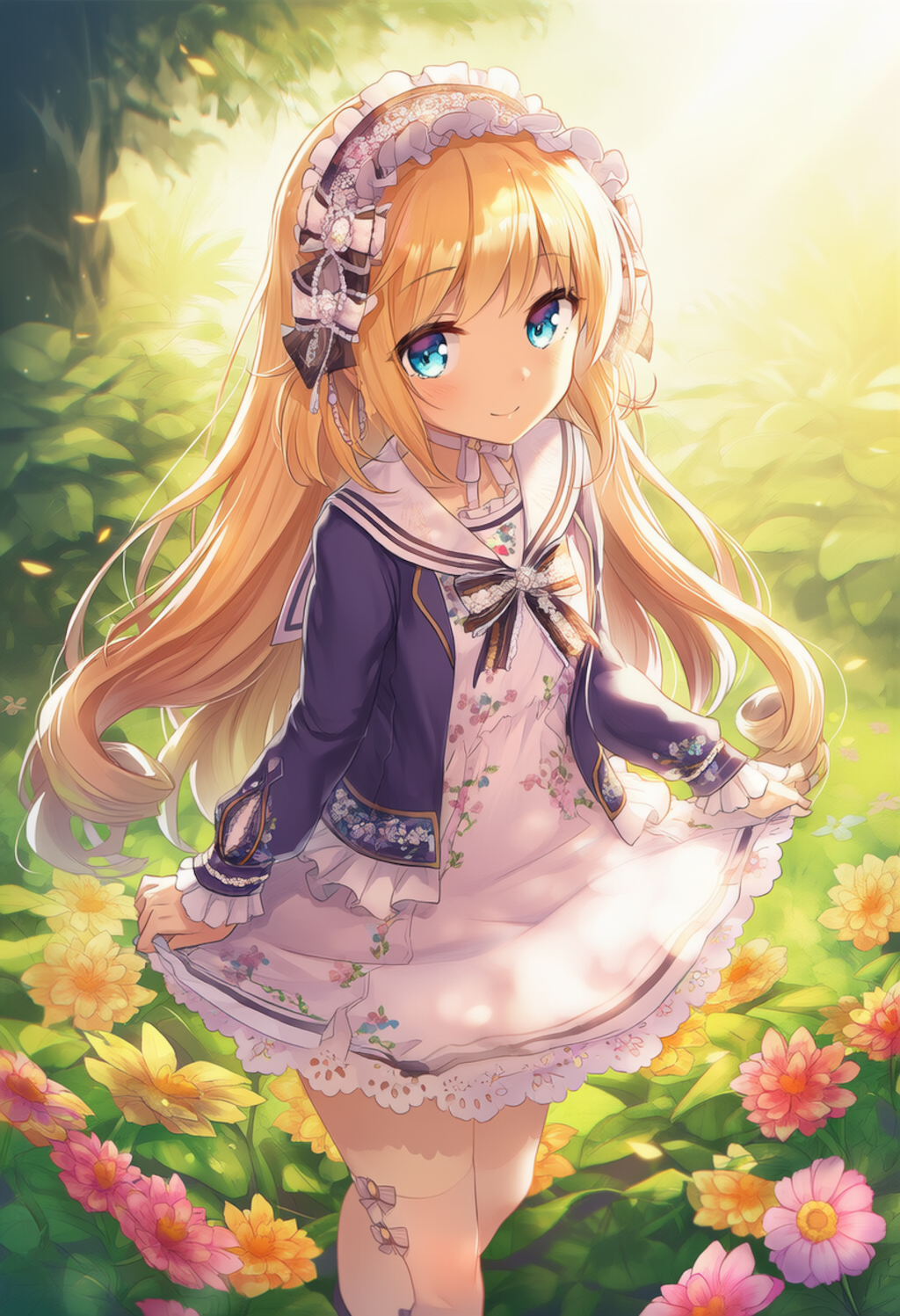 A whimsical schoolgirl in a frilly, floral sailor-collared outfit walks among flowers.