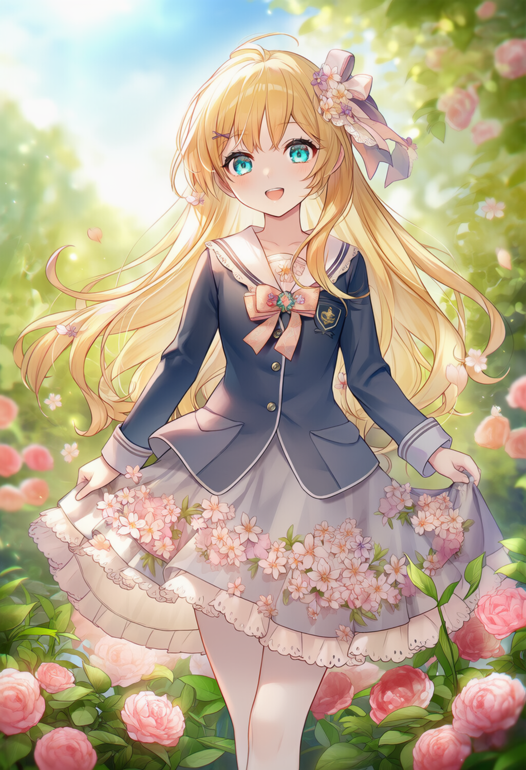 A whimsical schoolgirl in a frilly, floral sailor-collared outfit walks among flowers.