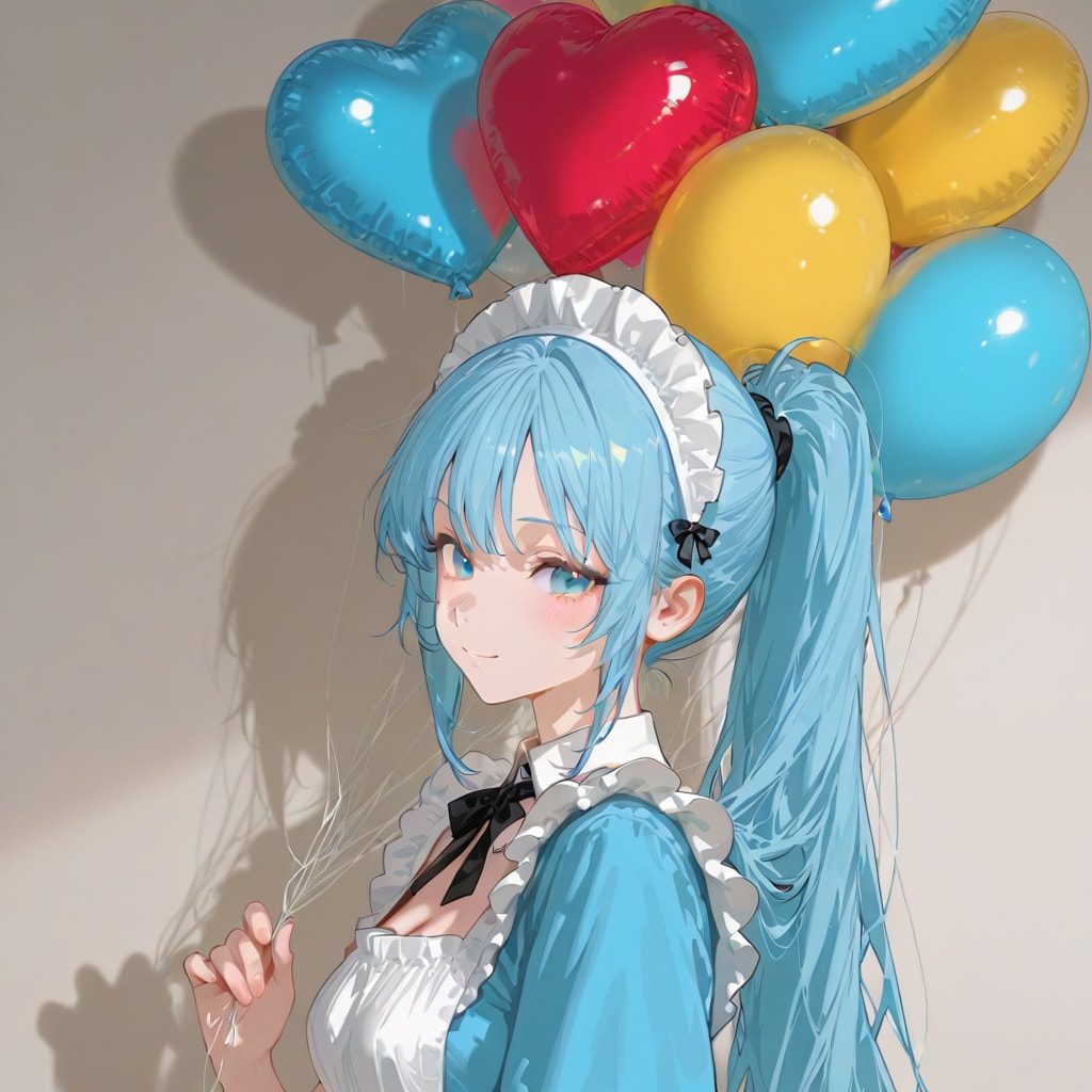 いっぱい風船を持つ青い髪ポニーテールのメイド服着た美女。