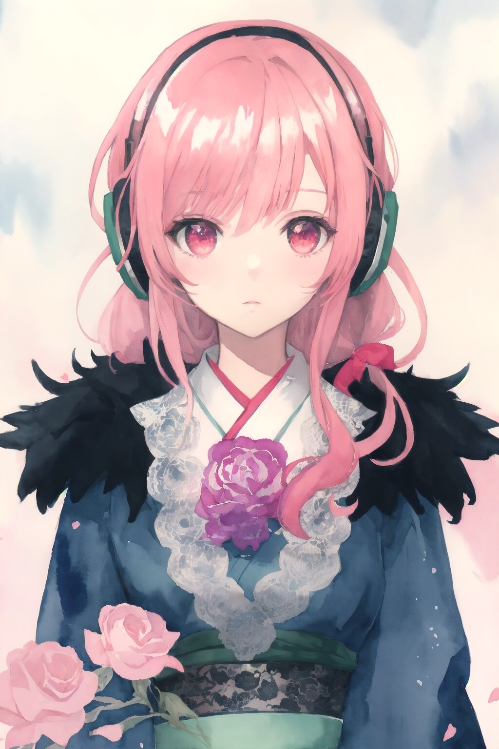 花とヘッドフォン