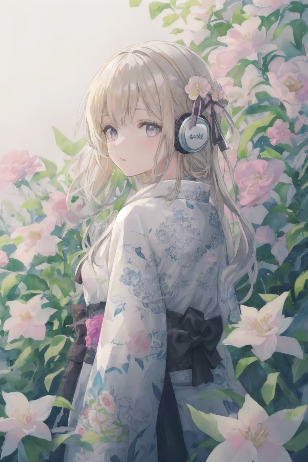 花とヘッドフォン