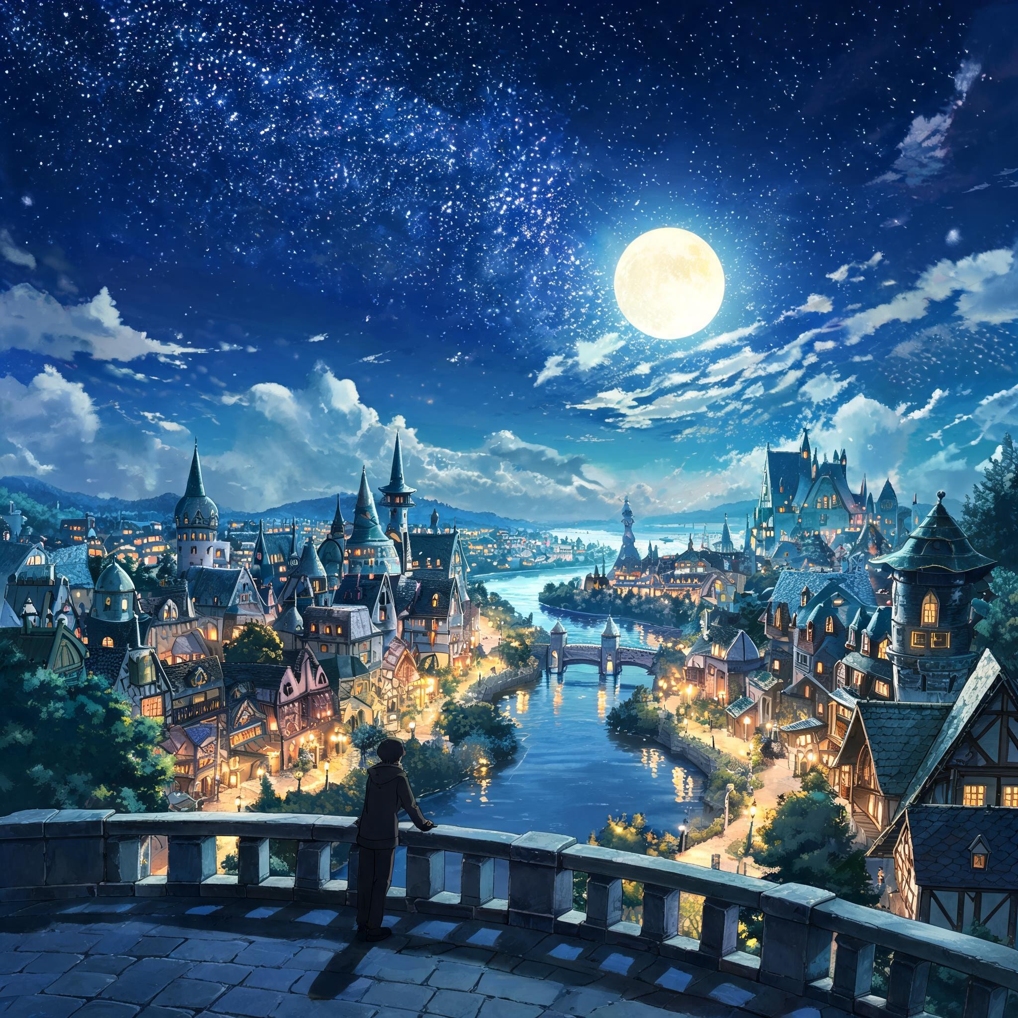 ファンタジー世界の街並みの夜景 | の人気AIイラスト・グラビア