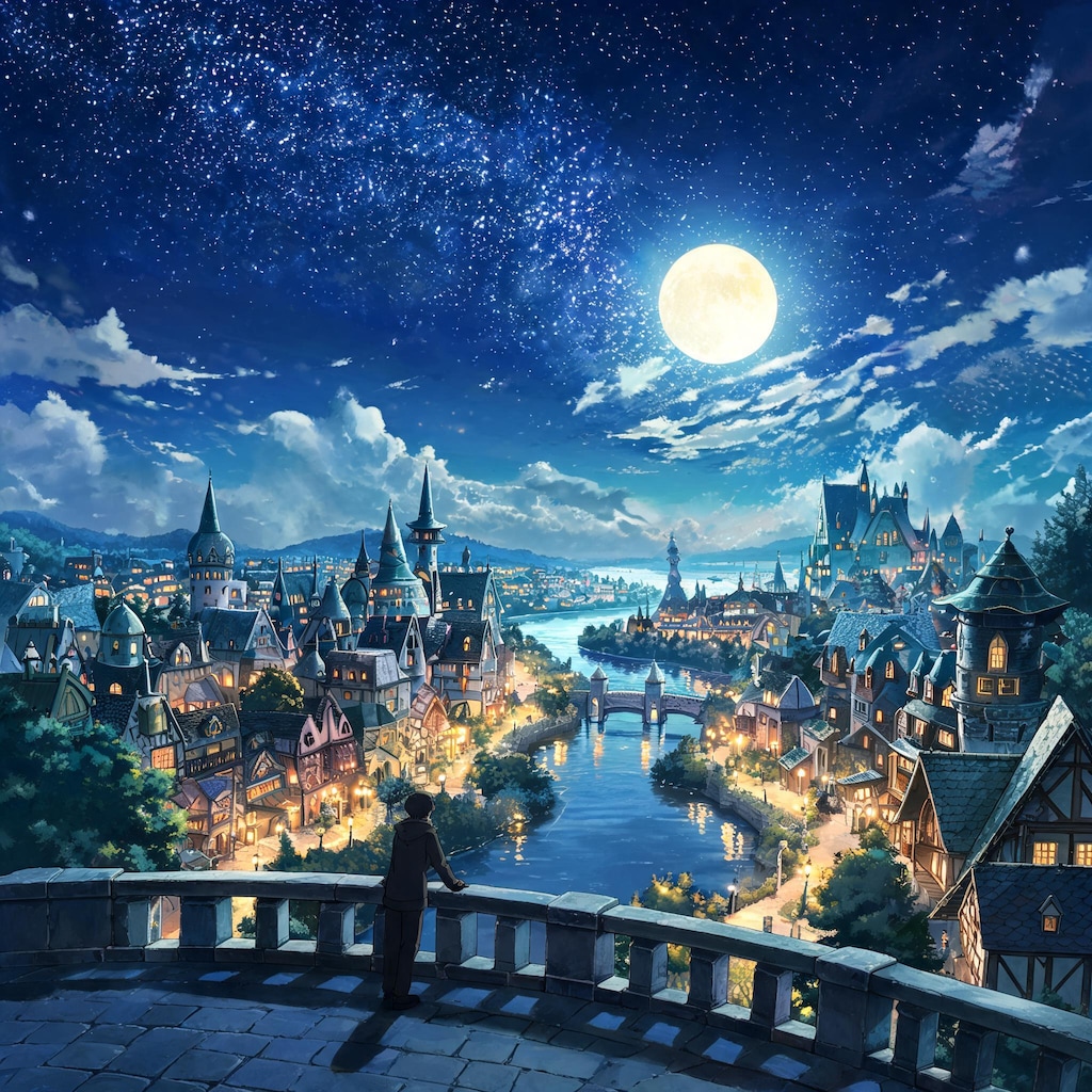 ファンタジー世界の街並みの夜景