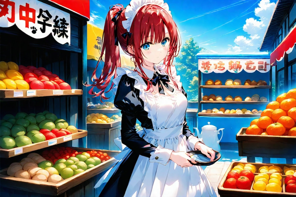 市場へ買い物に来たメイドさん