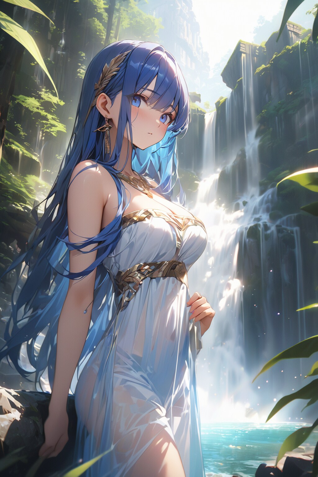 滝の下に立つエルフの少女