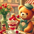 油絵レトロ、カフェでさくらんぼフルーツパフェを食べるテディベア 3枚目