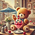 油絵レトロ、カフェでさくらんぼフルーツパフェを食べるテディベア 2枚目
