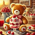 油絵レトロ、カフェでさくらんぼフルーツパフェを食べるテディベア 4枚目