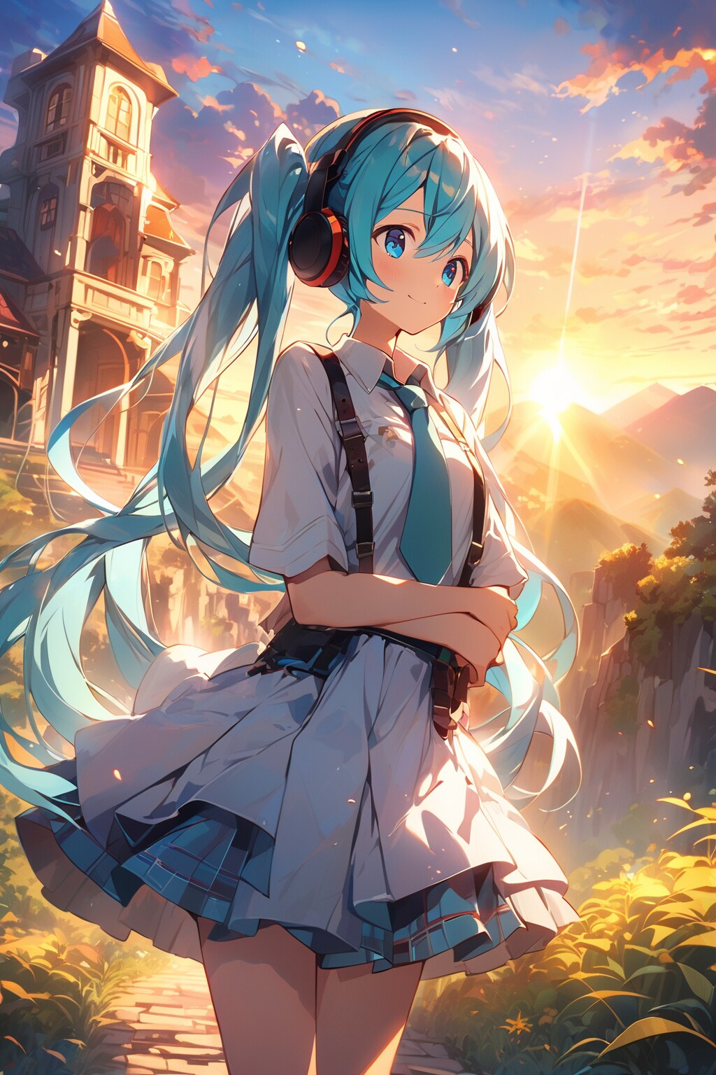 夕日に照らされた廃城とミク | の人気AIイラスト・グラビア