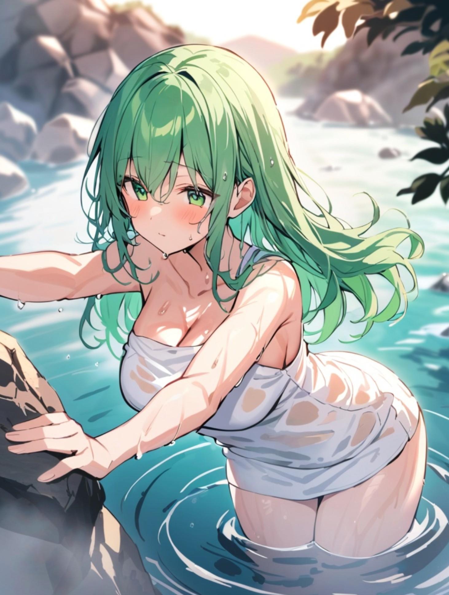 温泉に入る緑髪ちゃん