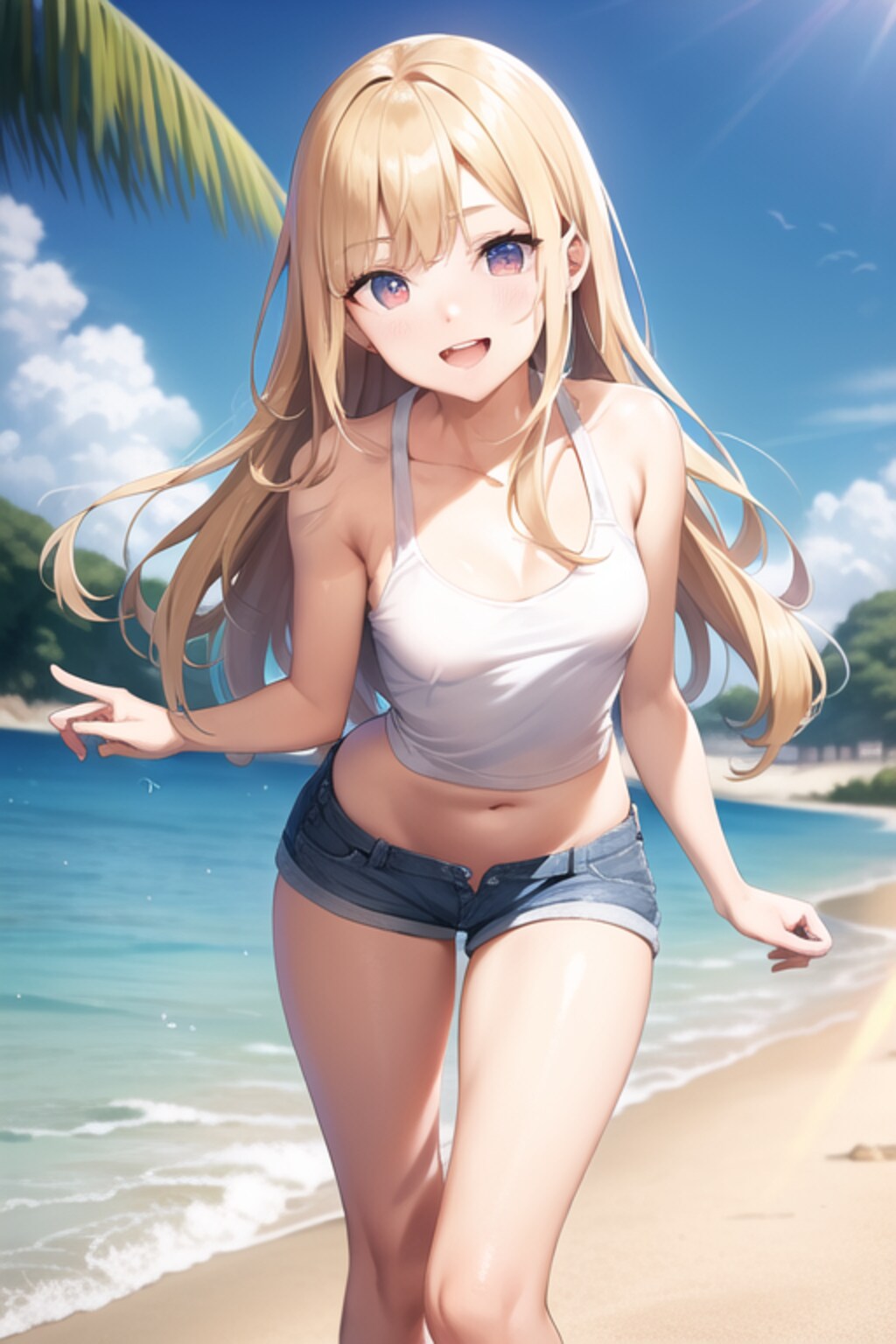 ビーチを散歩する金色の髪の少女