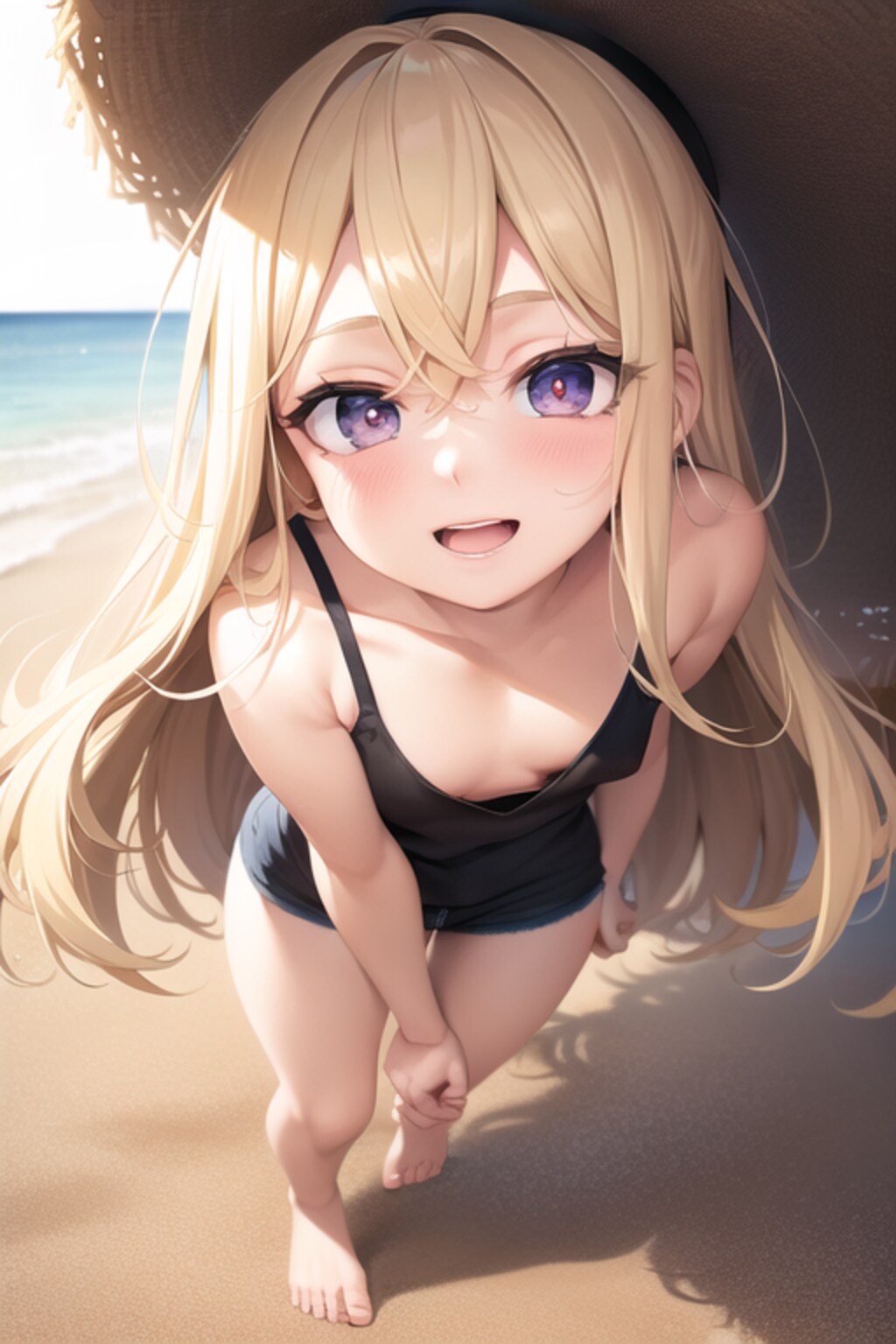 ビーチを散歩する金色の髪の少女