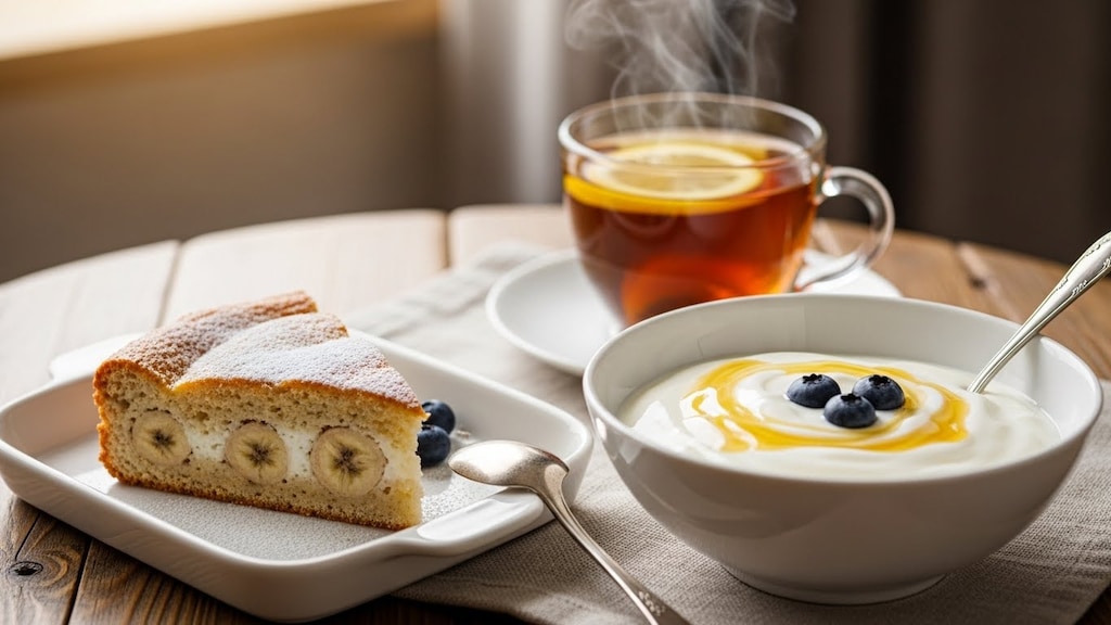 デザートのヨーグルトとバナナヨーグルトケーキのセット