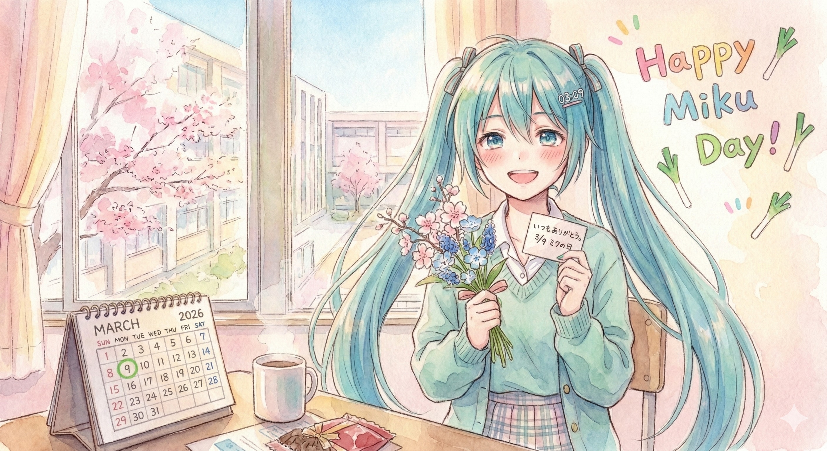 水彩画ミクさん　3月9日ミクの日感謝状 | の人気AIイラスト・グラビア