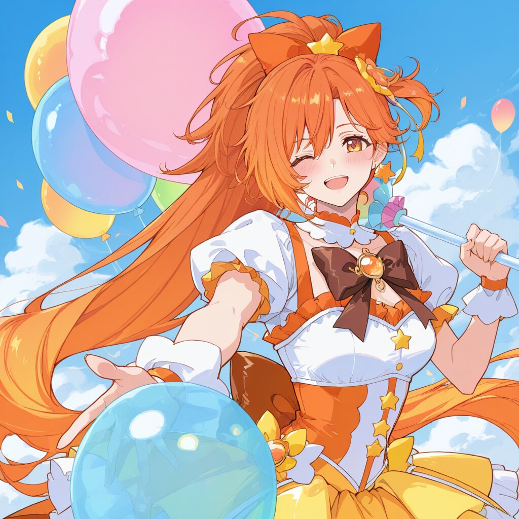 いっぱい色とりどりの風船を持つオレンジ髪ポニーテールの魔法少女