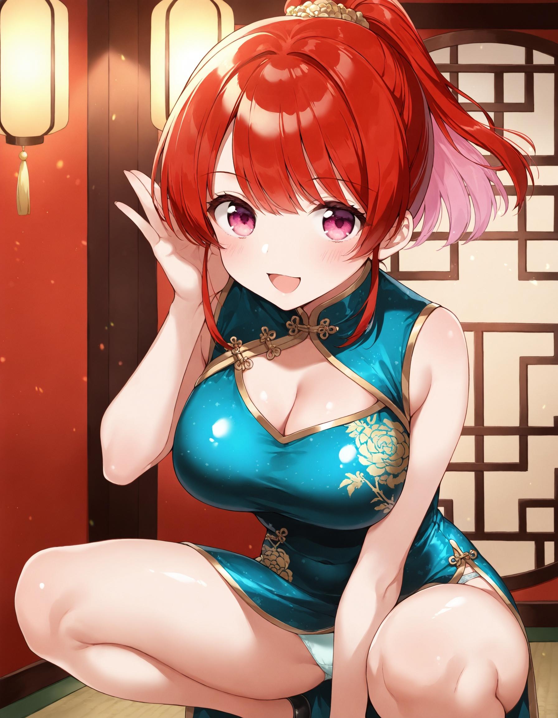 チャイナドレスでしゃがみパンチラ