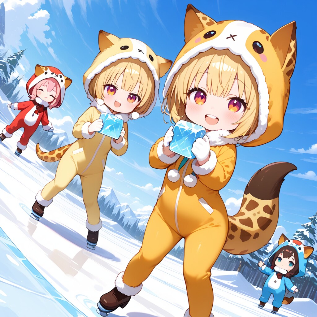 雪原とキリン着ぐるみちび子ちゃん