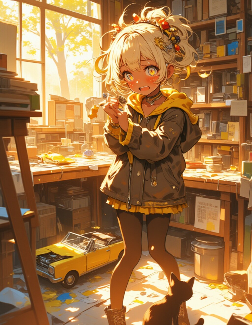 泣いちゃうよ…！模型作り少女と黒猫のいたずら