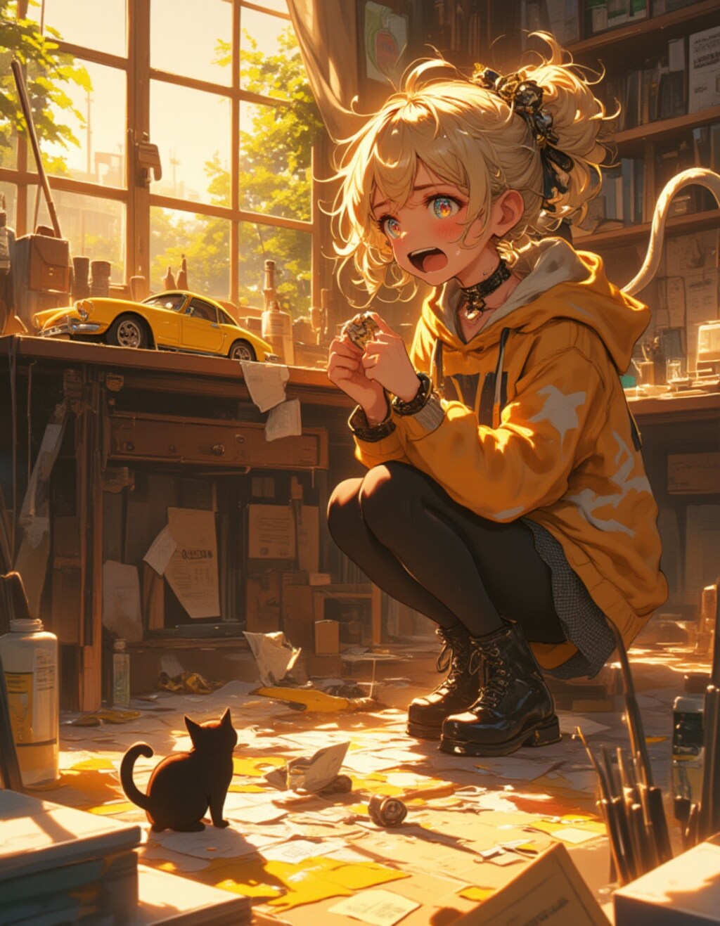 泣いちゃうよ…！模型作り少女と黒猫のいたずら