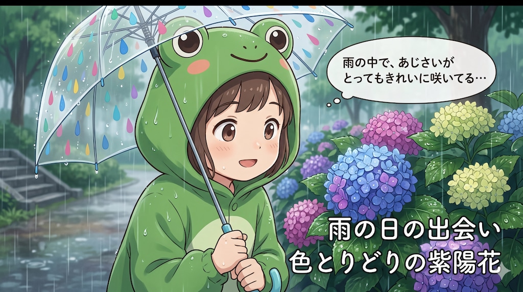 【#傘】雨の日カエルの着ぐるみを着て紫陽花の花を観察