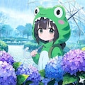 【#傘】雨の日カエルの着ぐるみを着て紫陽花の花を観察 3枚目