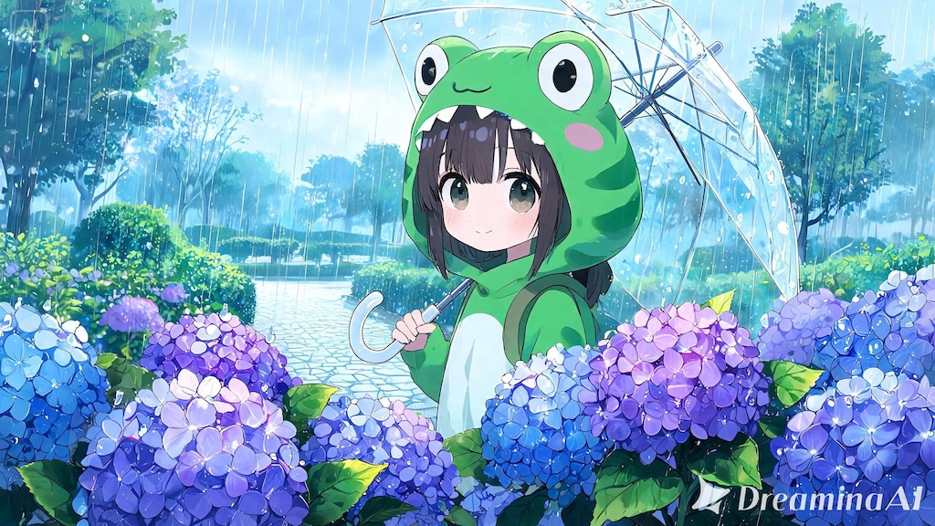 【#傘】雨の日カエルの着ぐるみを着て紫陽花の花を観察
