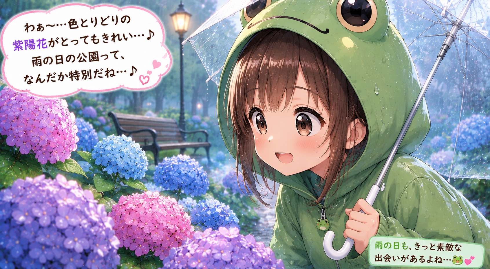 【#傘】雨の日カエルの着ぐるみを着て紫陽花の花を観察