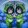【#傘】雨の日カエルの着ぐるみを着て紫陽花の花を観察 4枚目