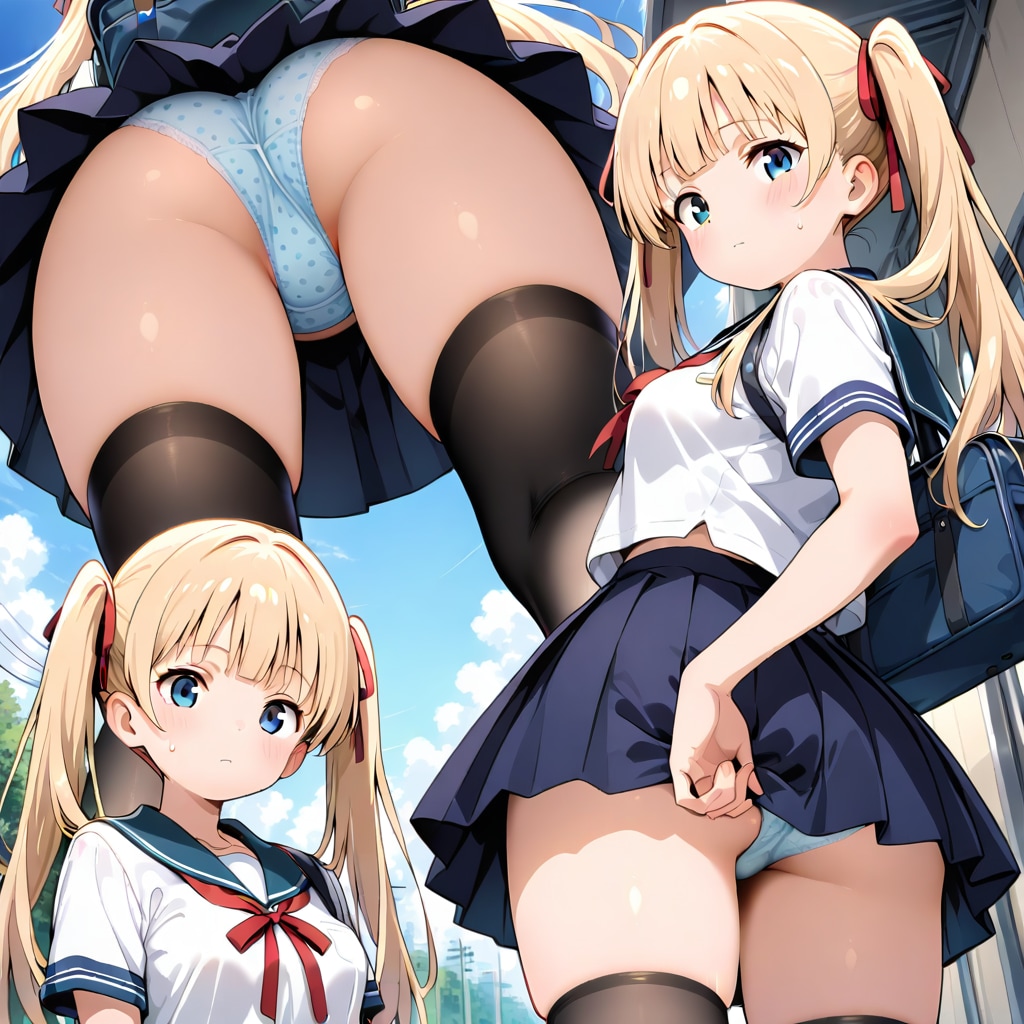 青水玉パンツ見上げローアングル金髪JK