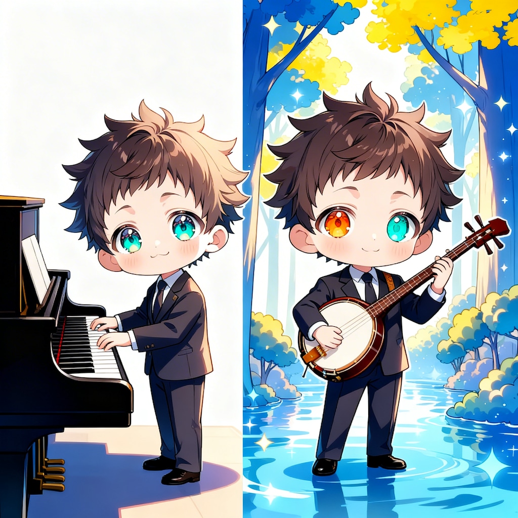 ピアノ・三味線を演奏する少年。