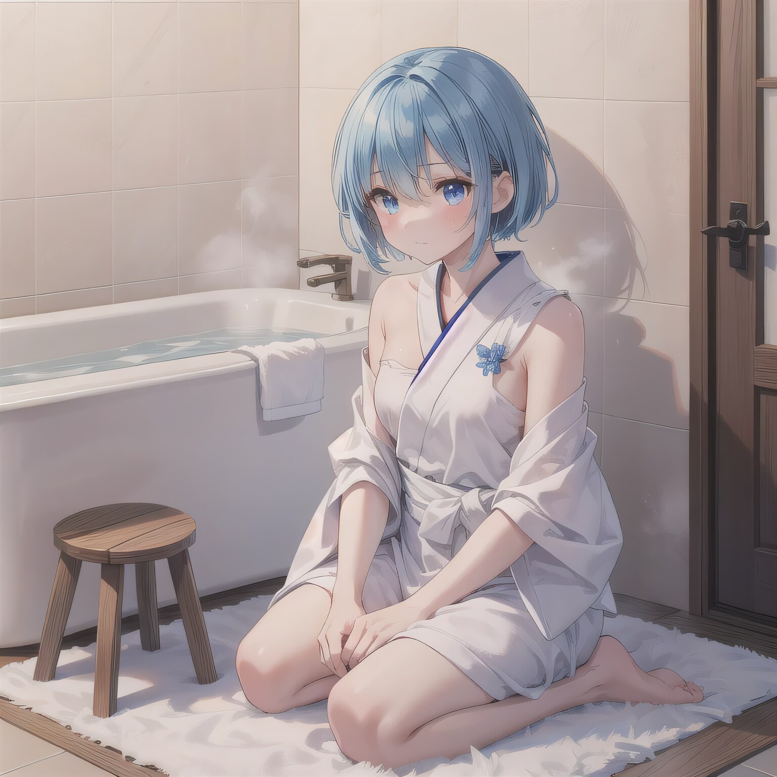 青髪ボブでお風呂の少女２ | の人気AIイラスト・グラビア