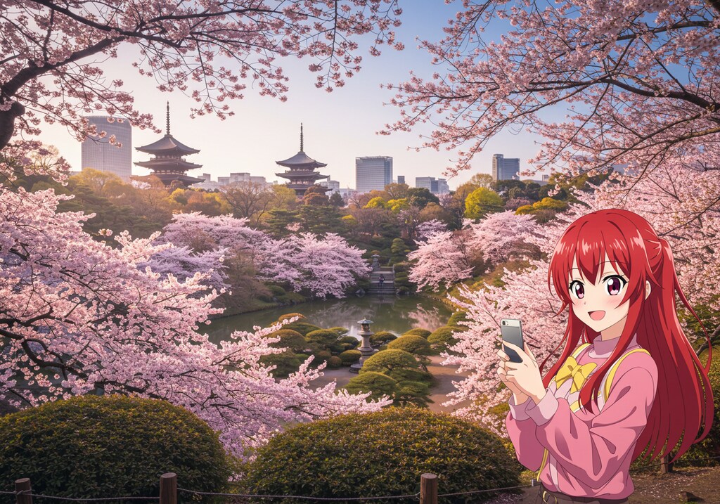 アニメの世界から桜を見に現実世界の観光地にやってきた女の子達♪