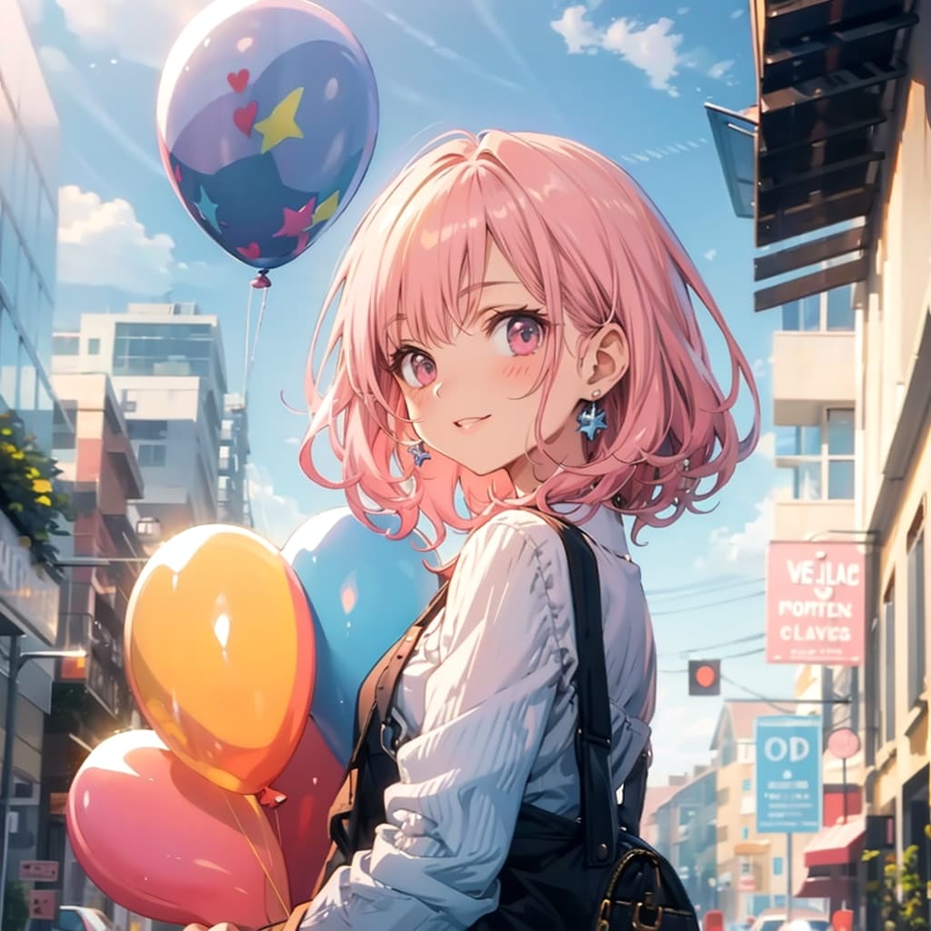 色とりどりの風船を持つピンク髪の美女 | の人気AIイラスト・グラビア
